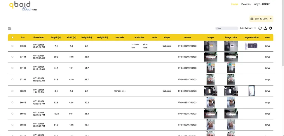 QBOID Cloud table of scans with dimensions and images