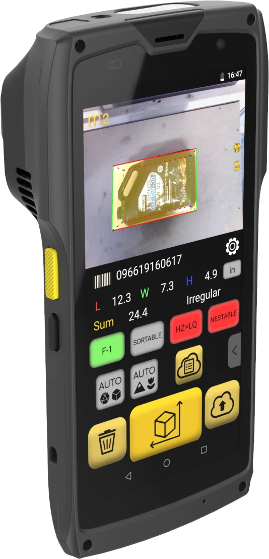M2 front: touchscreen showing a scan with length, width, height, barcode and custom keys