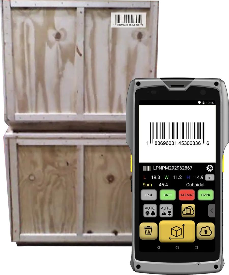 Barcode label on a wooden crate, with the M2 screen showing the scanned ID