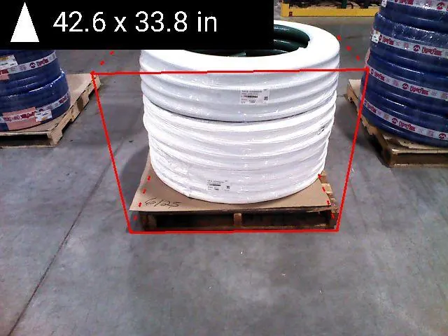 Pallets app output: a wire coil on a pallet outlined in red, 42.6 by 33.8 in