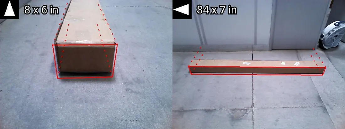 Pallets app output: a long carton on the floor, measured from the end (8 × 6 in) and from the side (84 × 7 in)