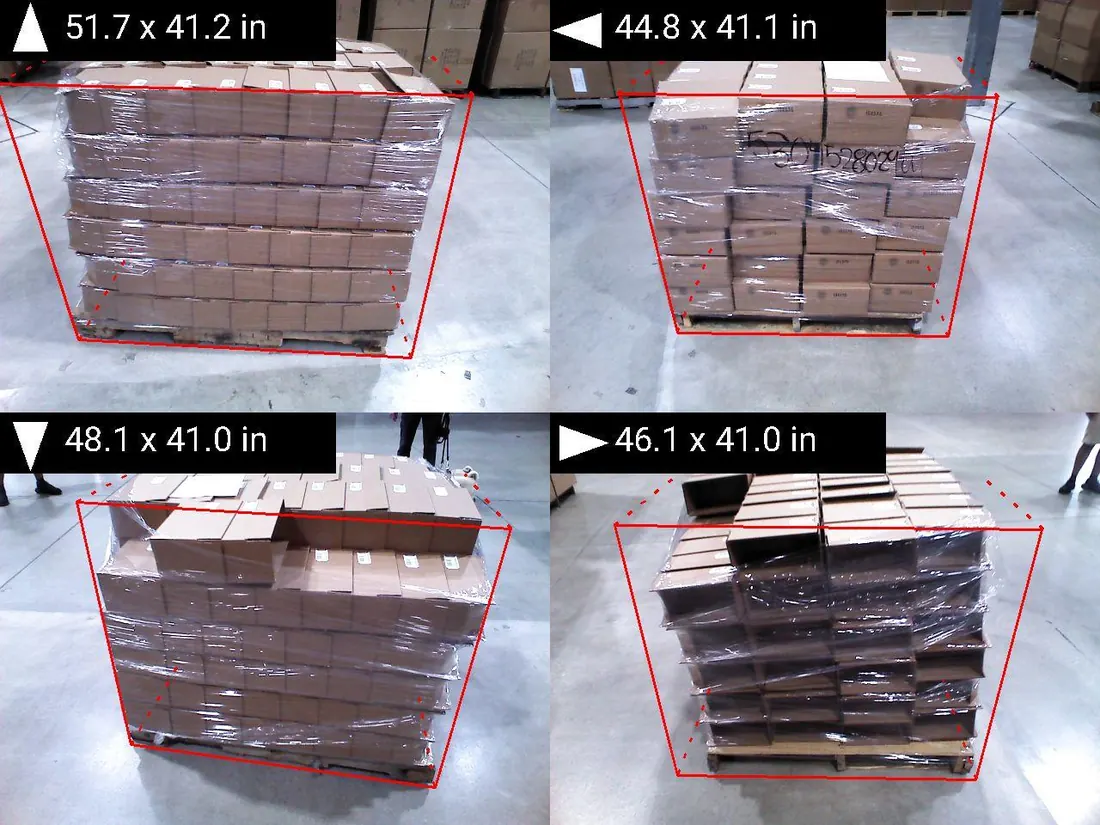 Pallets app output: four photos of one stretch-wrapped pallet of cartons, each face outlined in red with its measured size, from 44.8 × 41.1 in to 51.7 × 41.2 in