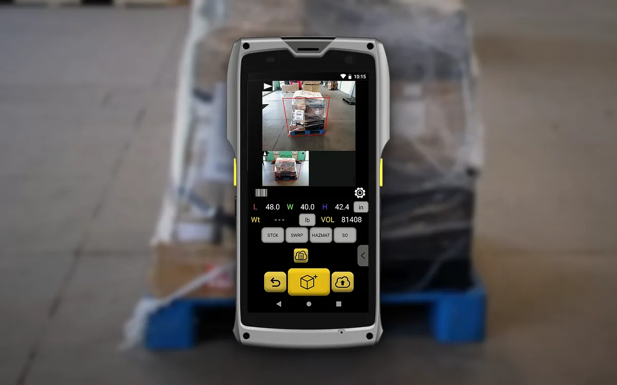 The M2 showing the Pallets app result for a stretch-wrapped pallet: length 48.0, width 40.0, height 42.4 in, with the pallet outlined