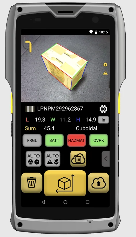 Item & Parcel app screen: product photo with barcode, L 19.3, W 11.2, H 14.9 and Cuboidal, with custom keys