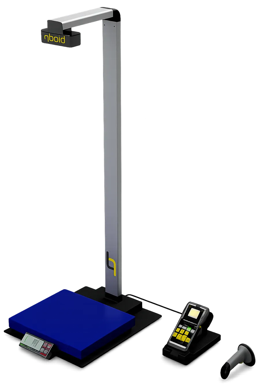 Render of the S1: mast with the overhead sensor, blue scale, the M2 docked at the base and the wireless scanner beside it