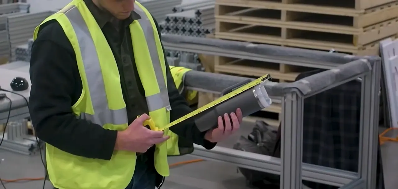 A worker measuring a cylindrical item with a tape measure