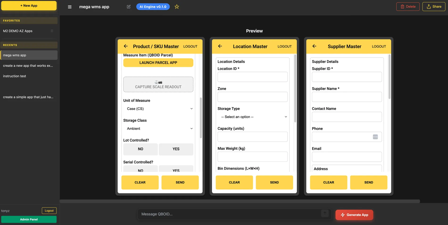 WorkFlows builder showing three app screens: product master, location master, supplier master