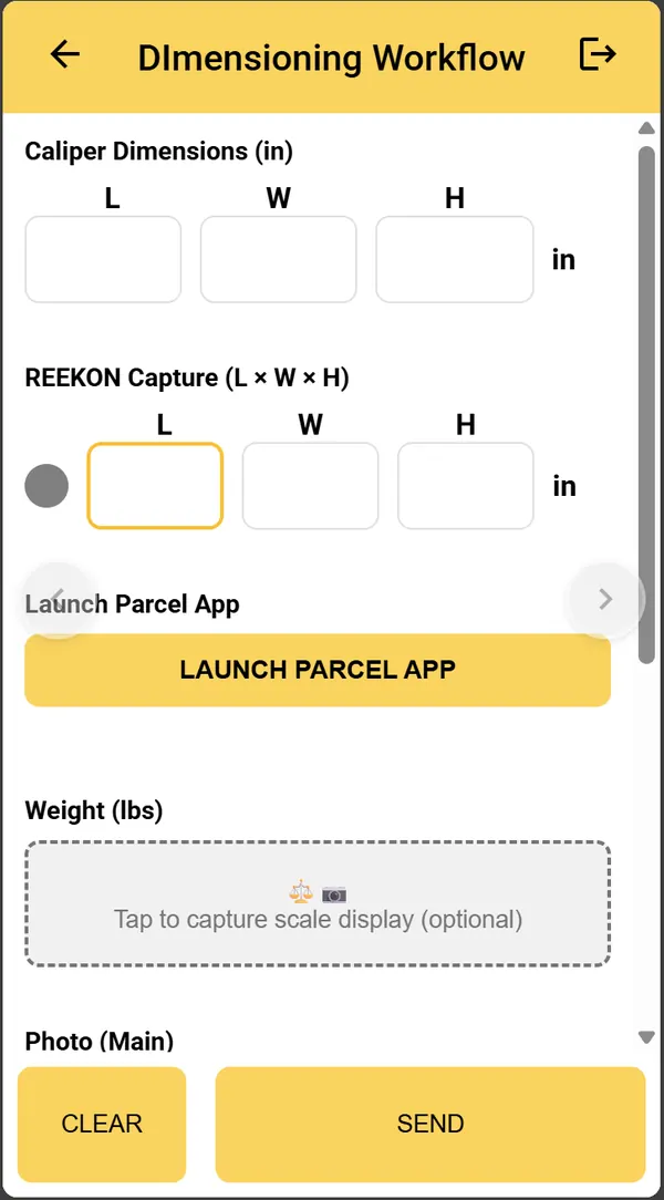 A WorkFlows dimensioning screen with caliper fields, tape-measure capture, a button to launch the parcel app, a scale photo and Send