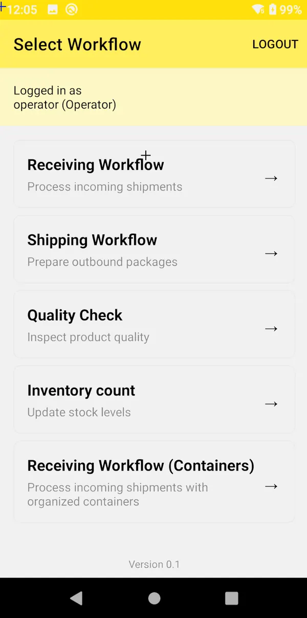 WorkFlows app on a device: Select Workflow menu with Receiving, Shipping, Quality check and Inventory count